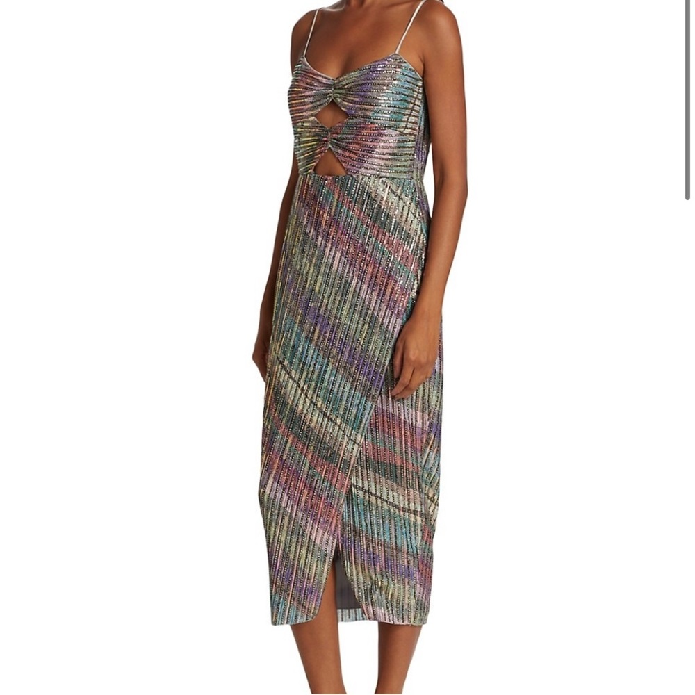 Saylor Lissandra Sequined Midi Dress Rainbow Double Cutout Spaghetti Strap XS C9 - Picture 3 of 11